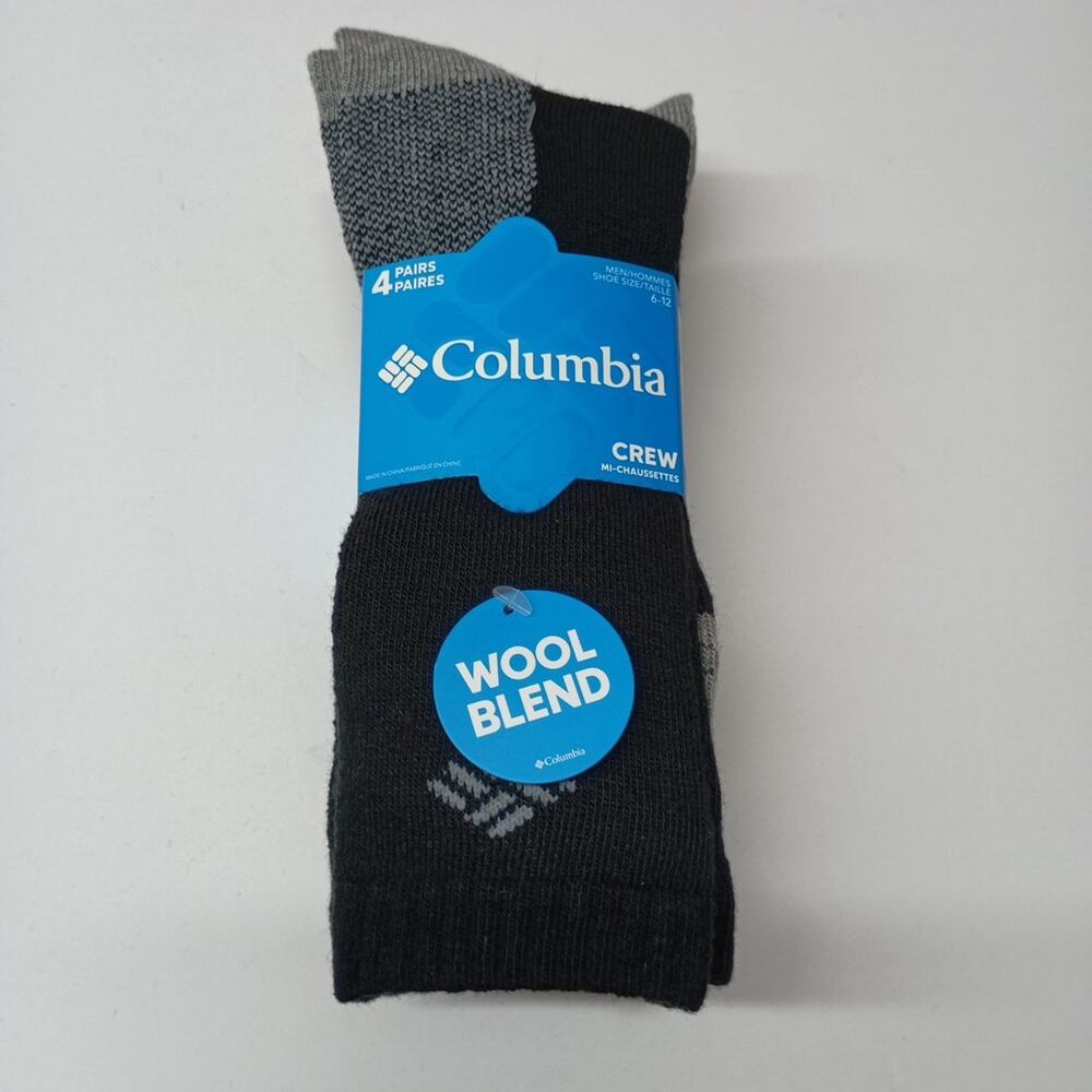 Men's Columbia 4 Pairs Crew‎ Grey Black Socks Size 6-12 Soft Wool Blend